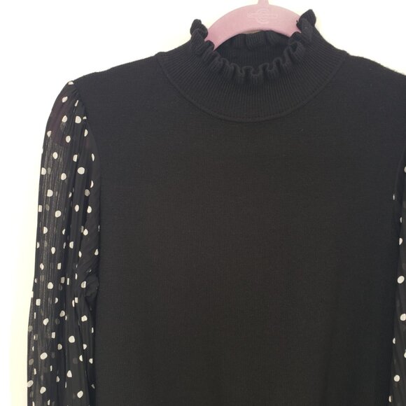 Nanetta Lepore Polka Dot Contrast Sleeve Sweater M Ruffle Mock Neck Trim Black - Picture 4 of 7